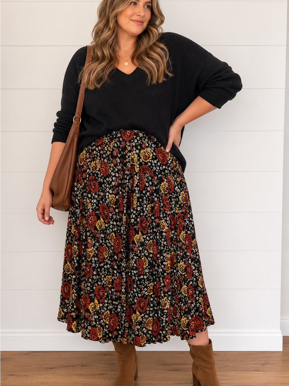 JOE FRESH Fall Floral Pleated Midi Skirt | XL | Black & Rust